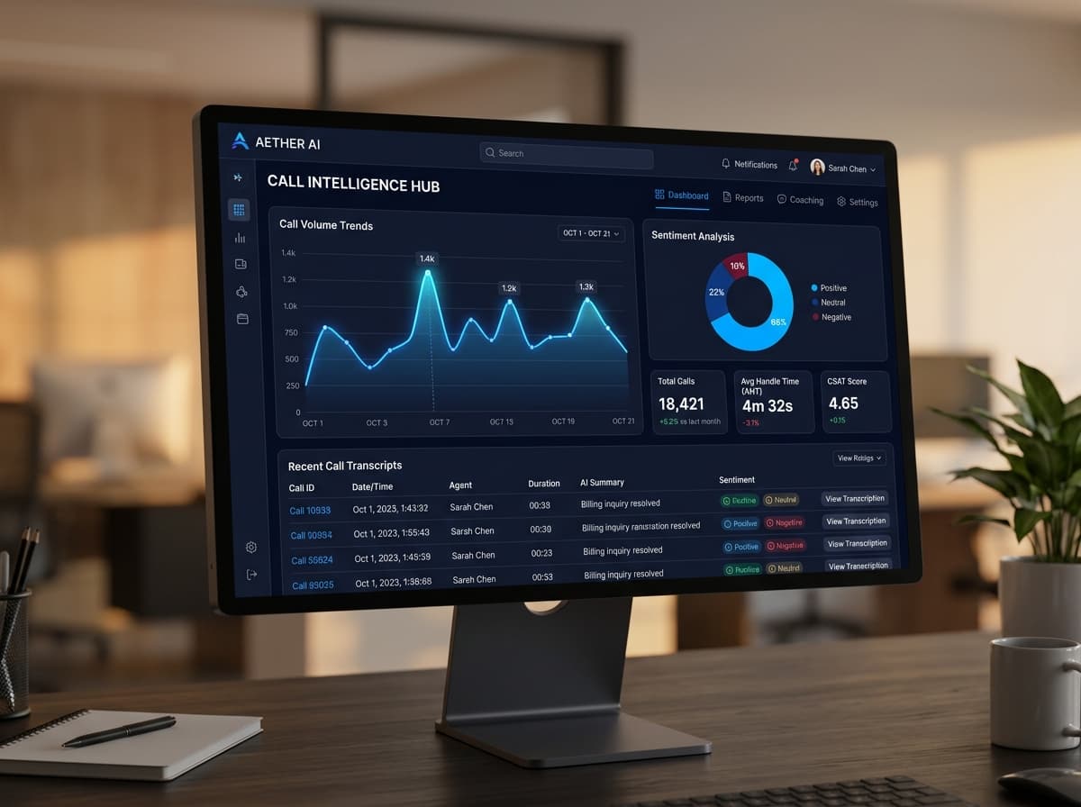 AI analytics dashboard with call volume charts and sentiment analysis