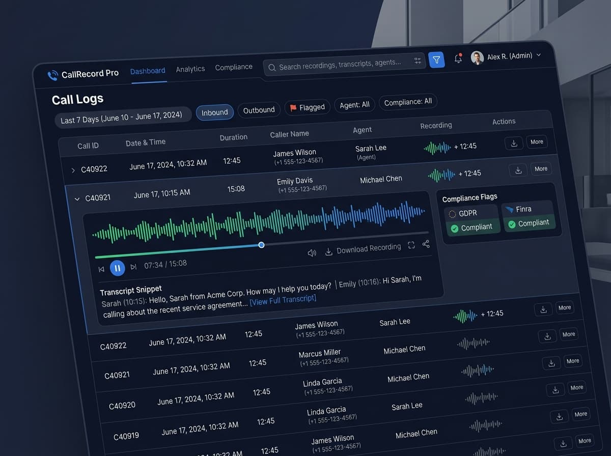 Call recording dashboard with waveform player and transcript